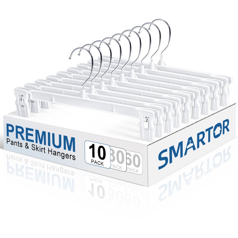 Smartor Skirt Hangers | Pants Hanger with Clips | 10 30 60 Pack Available | Space Saving| Durable| Strong Clips| Pant Hanger for Men| White Hangers Clips for Women Shorts  Jeans  Slacks - 10 Pack - Image 1